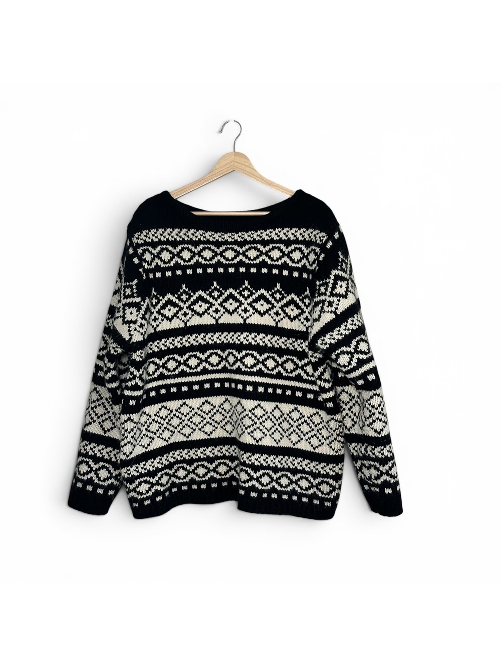 Vintage Eddie Bauer Fair Isle Wool Angora Blend Sweater Nordic Black Ivory